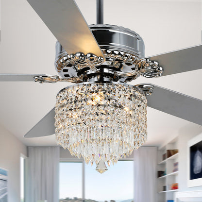 52 in. Chrome Crystal Ceiling Fan with Light and Remote-Control Reversible Blades