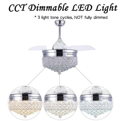 42" Modern Chrome Crystal Ceiling Fan with Lights, Retractable Chandelier Fan