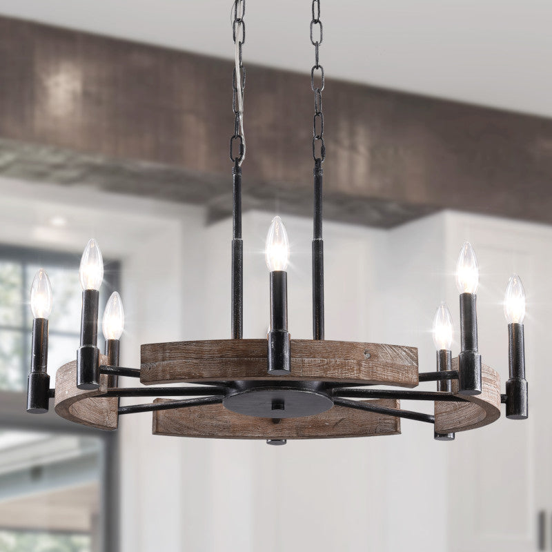 French Country 8-Light Weathered Wood Square/Rectangle Chandelier Kitchen Island Light