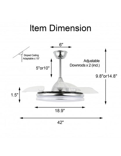 42 in. LED Indoor Modern Retractable Ceiling Fan with Remote and Light, Reversible DC Motor