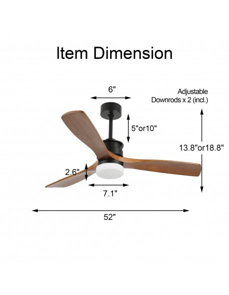 DC5210-BellaDepot 52" 3 Wooden Blades Ceiling Fan with Remote and LED Light Kit Included, 6-speed Reversible Ceiling Fan